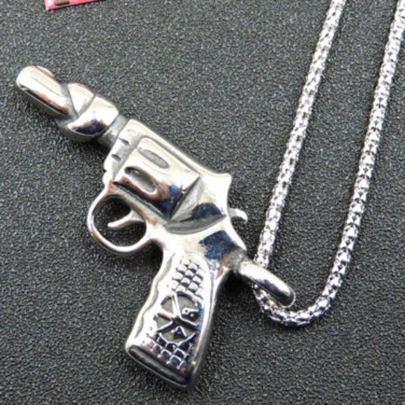 UNISEX Graphic Silver GUN with PEACE Sign Design Pendant Necklace - Picture 2 of 6